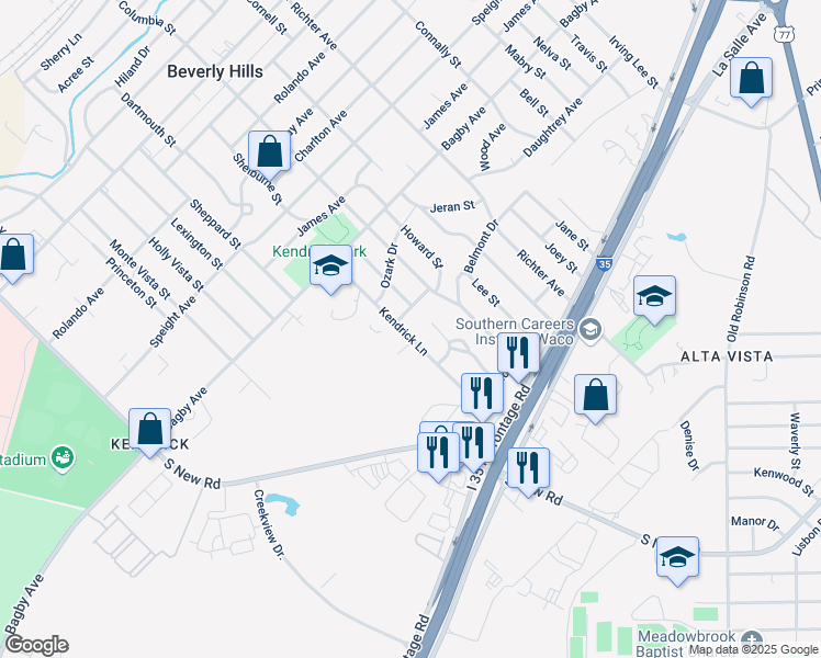 map of restaurants, bars, coffee shops, grocery stores, and more near 2200 Kendrick Lane in Waco