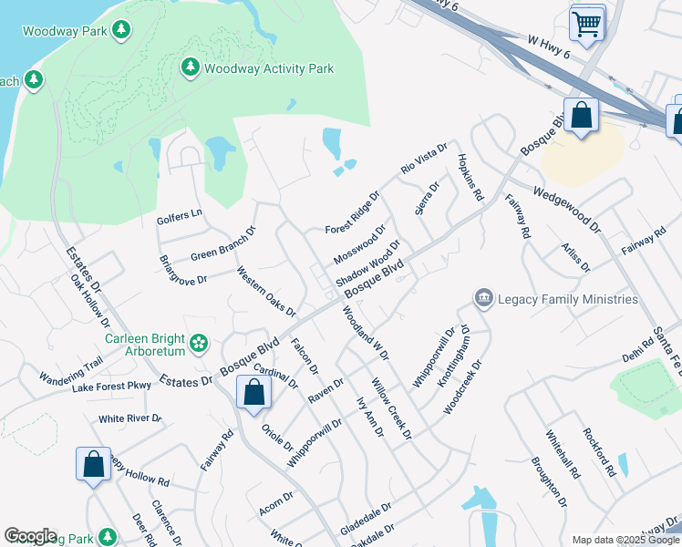 map of restaurants, bars, coffee shops, grocery stores, and more near 8289 Mosswood Drive in Woodway