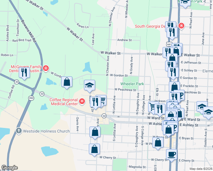 map of restaurants, bars, coffee shops, grocery stores, and more near 408 North Chester Avenue in Douglas