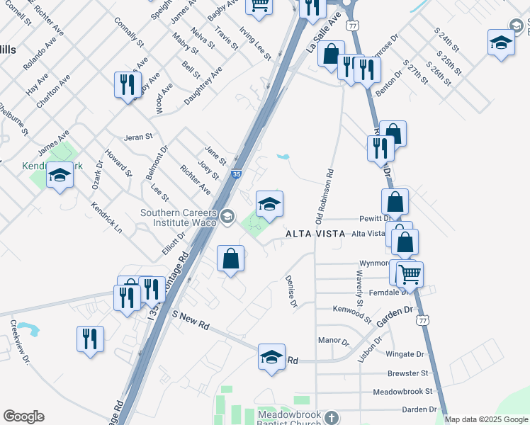 map of restaurants, bars, coffee shops, grocery stores, and more near 3709 Alta Vista Drive in Waco