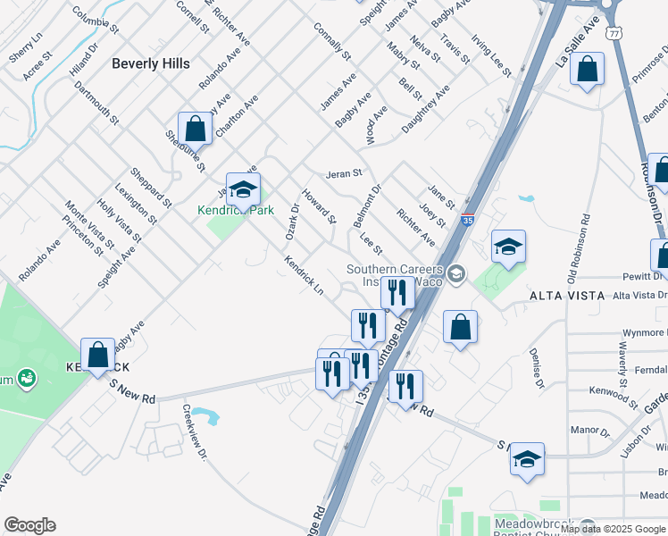 map of restaurants, bars, coffee shops, grocery stores, and more near 2201 Columbia Street in Waco
