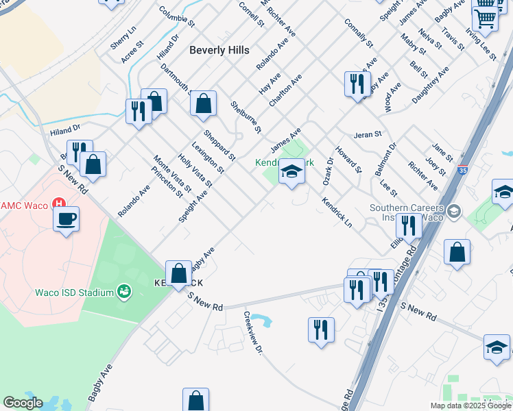 map of restaurants, bars, coffee shops, grocery stores, and more near Bagby Avenue in Waco