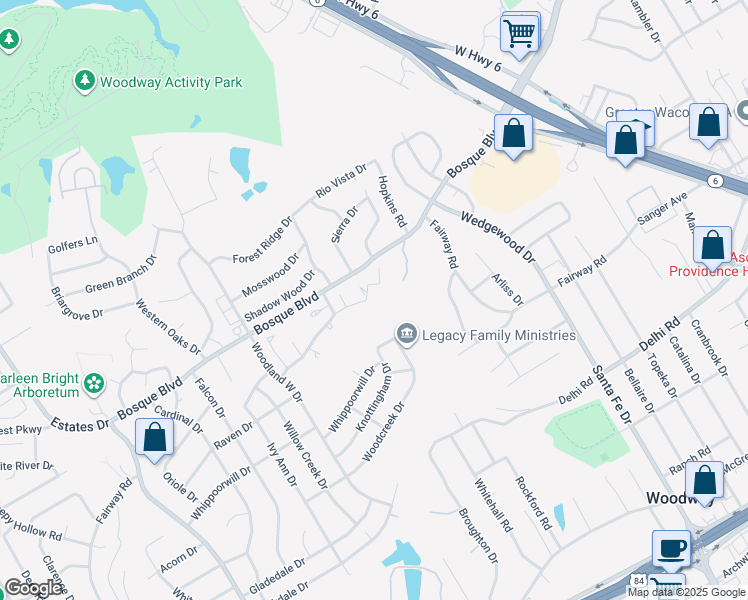 map of restaurants, bars, coffee shops, grocery stores, and more near 93 Sugar Creek Place in Waco