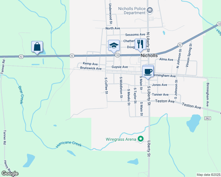 map of restaurants, bars, coffee shops, grocery stores, and more near 201 South Coffee Street in Nicholls
