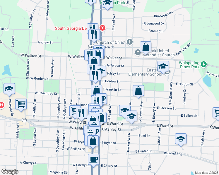 map of restaurants, bars, coffee shops, grocery stores, and more near 225 East Franklin Street in Douglas