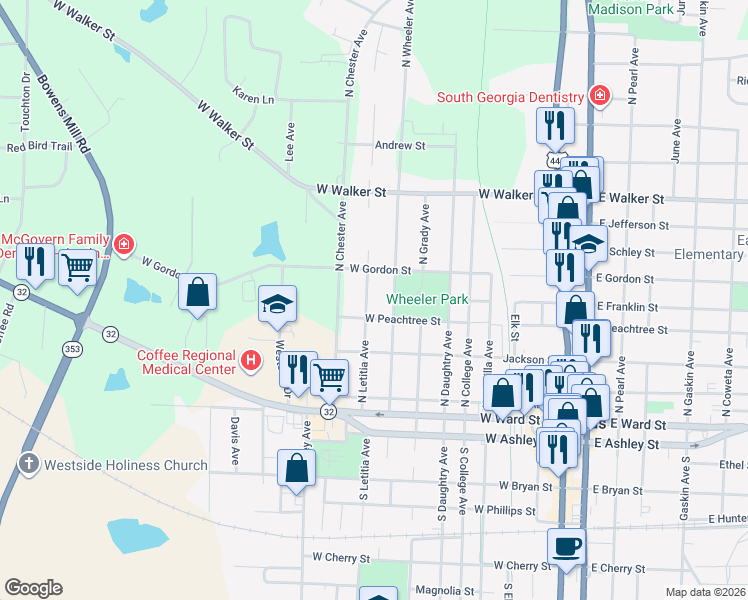 map of restaurants, bars, coffee shops, grocery stores, and more near 404 North Letitia Avenue in Douglas