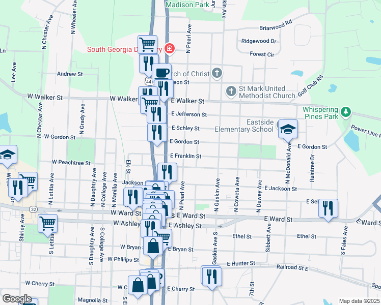 map of restaurants, bars, coffee shops, grocery stores, and more near 225 East Franklin Street in Douglas