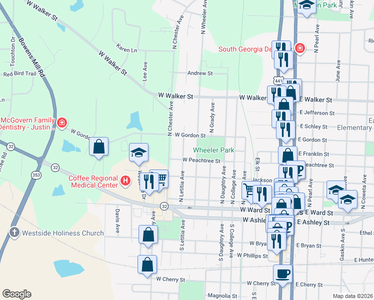 map of restaurants, bars, coffee shops, grocery stores, and more near 404 North Letitia Avenue in Douglas