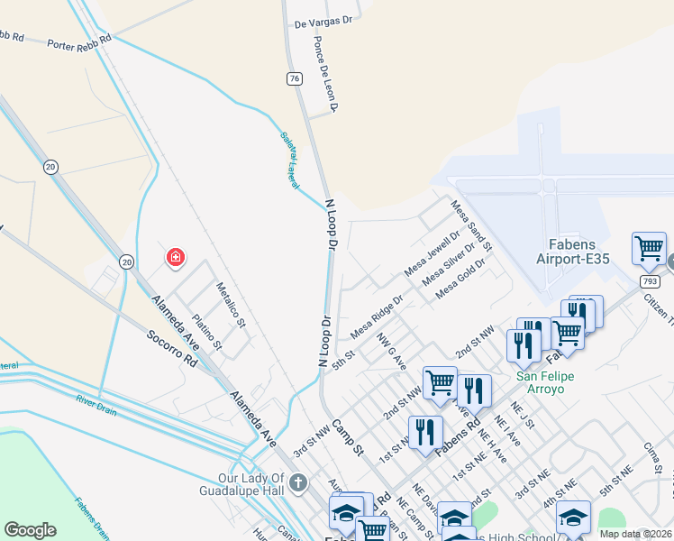 map of restaurants, bars, coffee shops, grocery stores, and more near 16104 Mesa Rocks Street in Fabens
