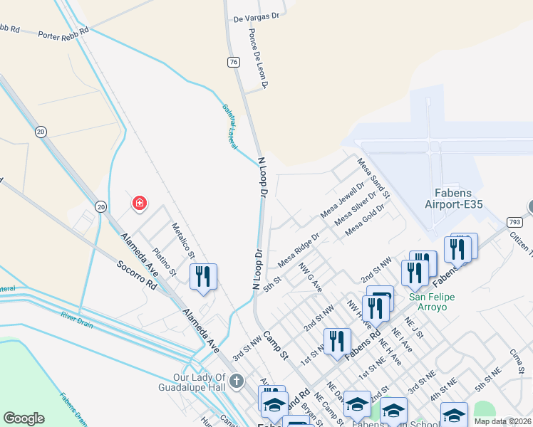 map of restaurants, bars, coffee shops, grocery stores, and more near 16104 Mesa Rocks Street in Fabens