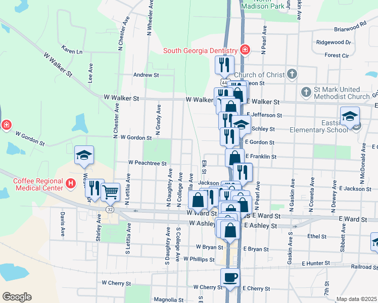 map of restaurants, bars, coffee shops, grocery stores, and more near 502 North College Avenue in Douglas