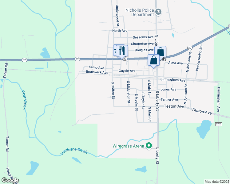 map of restaurants, bars, coffee shops, grocery stores, and more near 201 South Coffee Street in Nicholls