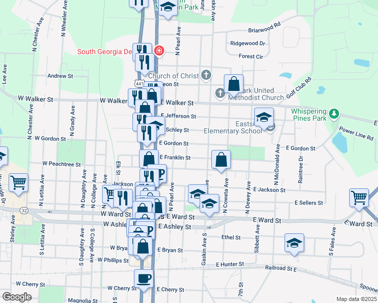 map of restaurants, bars, coffee shops, grocery stores, and more near 510 North Coffee Avenue in Douglas