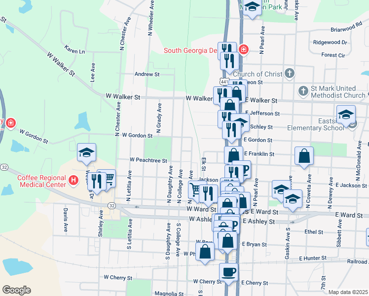 map of restaurants, bars, coffee shops, grocery stores, and more near 502 North College Avenue in Douglas