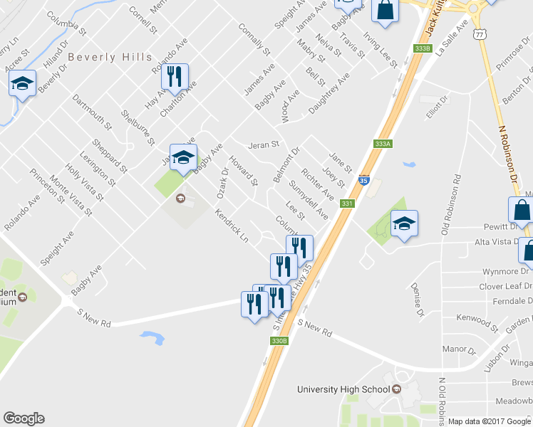 map of restaurants, bars, coffee shops, grocery stores, and more near 2201 Columbia St in Waco