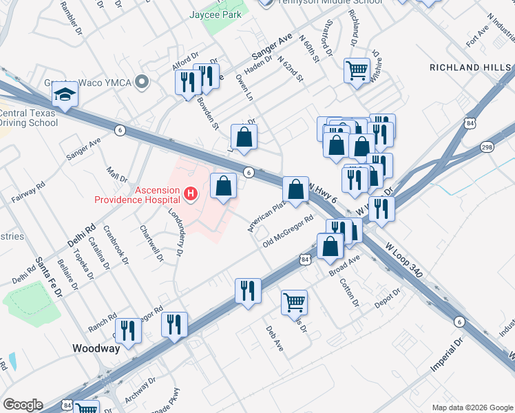 map of restaurants, bars, coffee shops, grocery stores, and more near 300 West Highway 6 in Waco