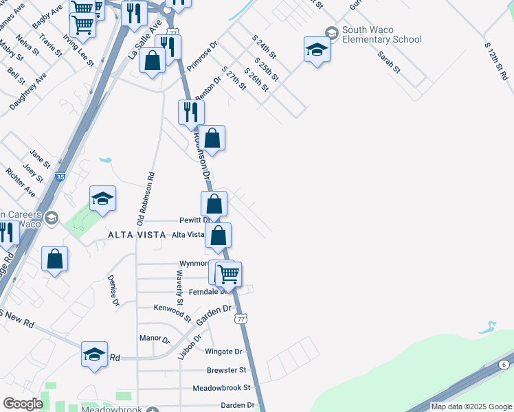 map of restaurants, bars, coffee shops, grocery stores, and more near 2810 Madison Drive in Waco