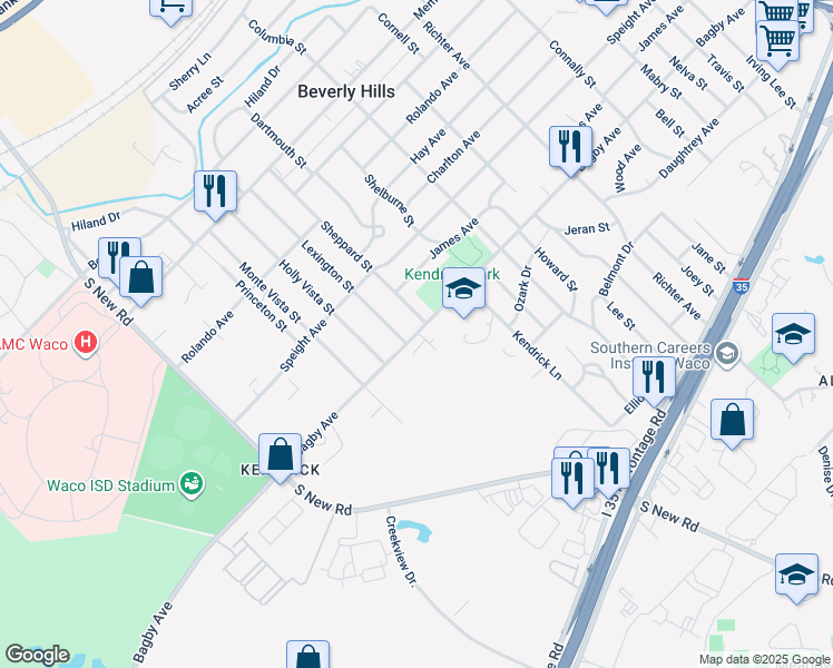 map of restaurants, bars, coffee shops, grocery stores, and more near Bagby Avenue in Waco