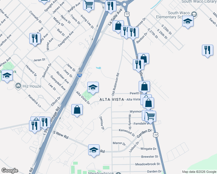 map of restaurants, bars, coffee shops, grocery stores, and more near 2633 Old Robinson Rd in Waco