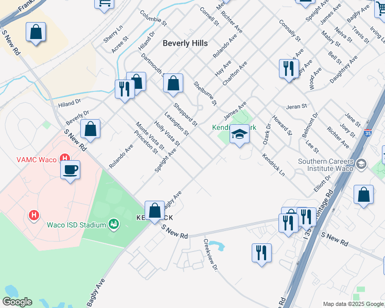 map of restaurants, bars, coffee shops, grocery stores, and more near 1700 Holly Vista Street in Waco