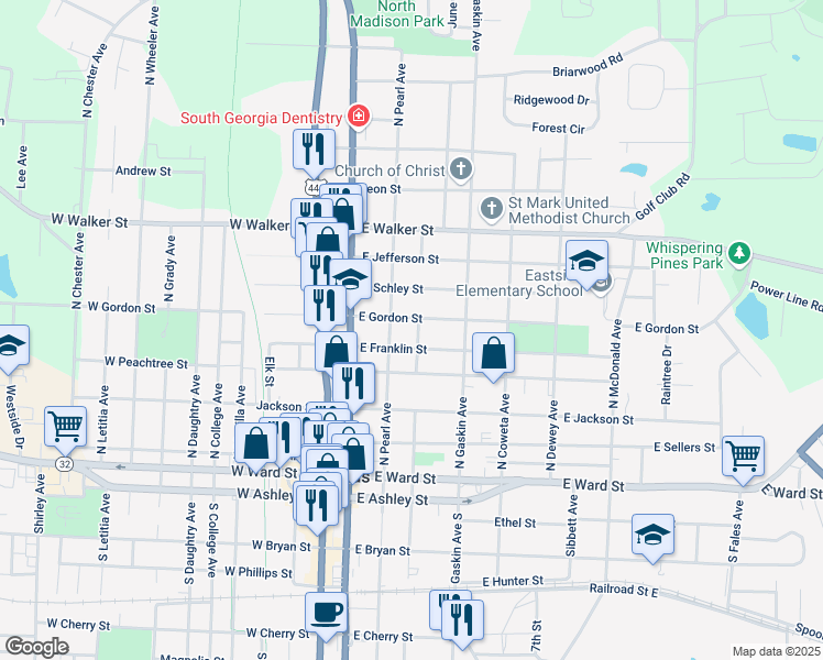 map of restaurants, bars, coffee shops, grocery stores, and more near 510 North Coffee Avenue in Douglas