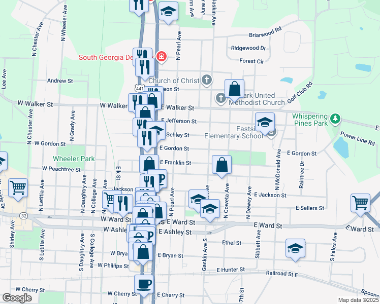 map of restaurants, bars, coffee shops, grocery stores, and more near 510 North Coffee Avenue in Douglas