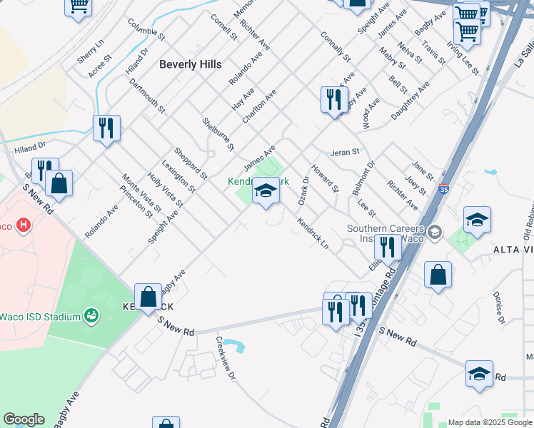 map of restaurants, bars, coffee shops, grocery stores, and more near 1801 Kendrick Lane in Waco