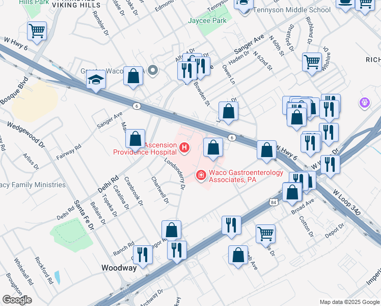 map of restaurants, bars, coffee shops, grocery stores, and more near 6901 Medical Parkway in Waco