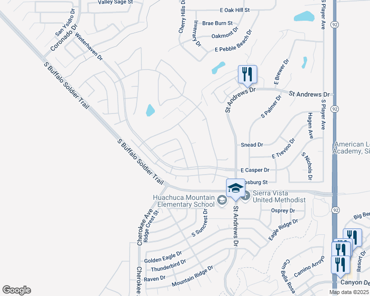 map of restaurants, bars, coffee shops, grocery stores, and more near 3017 Leawood Loop in Sierra Vista