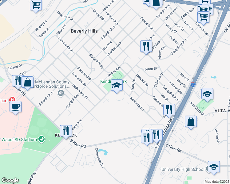 map of restaurants, bars, coffee shops, grocery stores, and more near 1801 Kendrick Lane in Waco