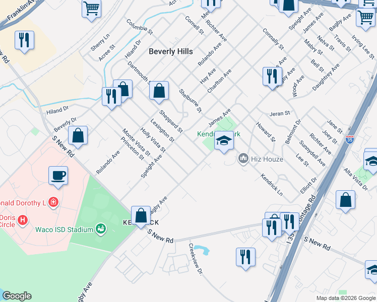 map of restaurants, bars, coffee shops, grocery stores, and more near 1620 Sheppard Street in Waco