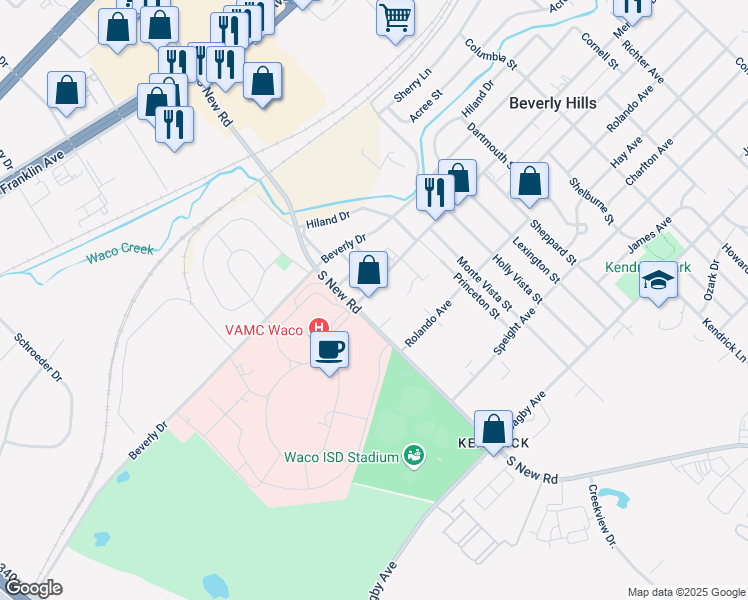 map of restaurants, bars, coffee shops, grocery stores, and more near 4606 Memorial Drive in Waco