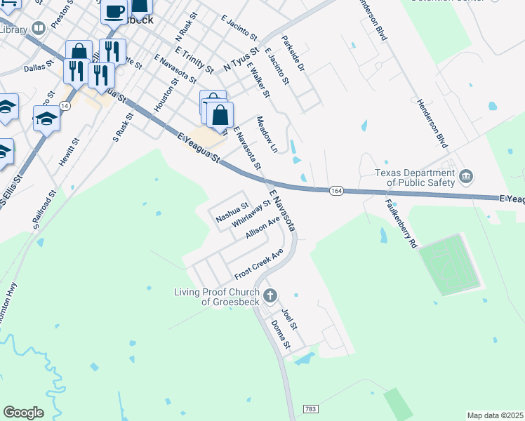 map of restaurants, bars, coffee shops, grocery stores, and more near 106 Whirlaway Street in Groesbeck