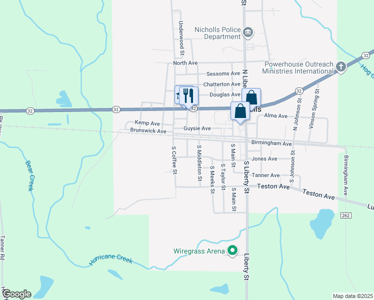 map of restaurants, bars, coffee shops, grocery stores, and more near 102 South Middleton Street in Nicholls