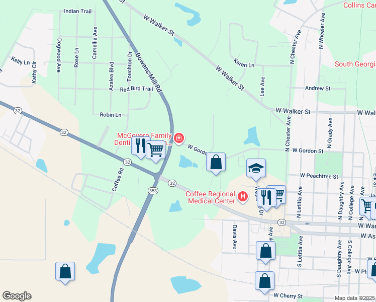 map of restaurants, bars, coffee shops, grocery stores, and more near 1360 West Gordon Street in Douglas