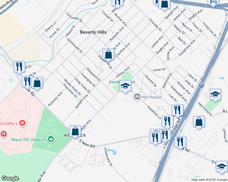 map of restaurants, bars, coffee shops, grocery stores, and more near 4100 James Avenue in Waco