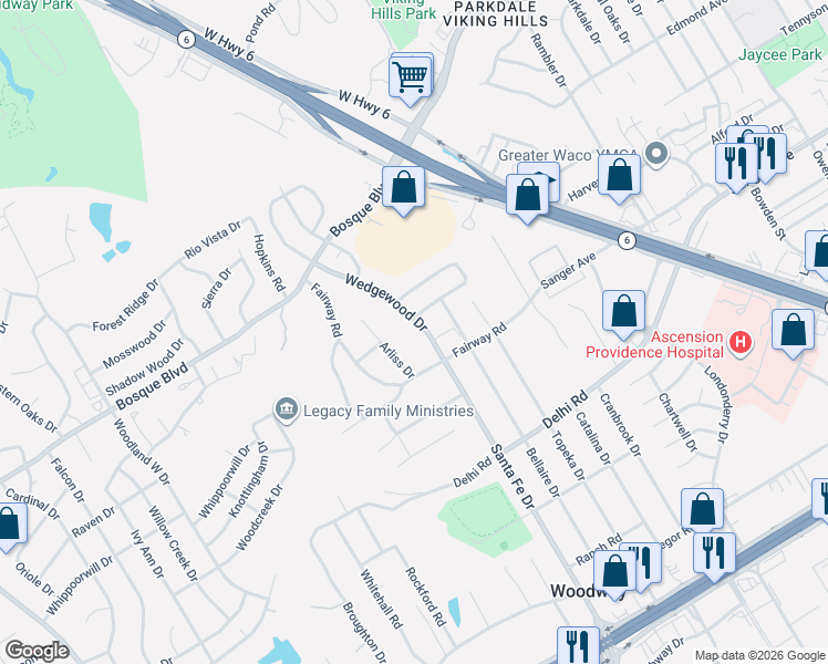 map of restaurants, bars, coffee shops, grocery stores, and more near 800 Wedgewood Drive in Waco