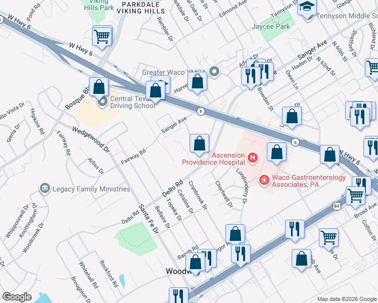 map of restaurants, bars, coffee shops, grocery stores, and more near 500 Mall Drive in Waco