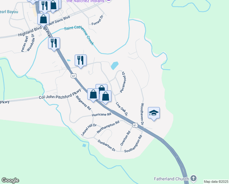 map of restaurants, bars, coffee shops, grocery stores, and more near 127 Live Oak Drive in Natchez