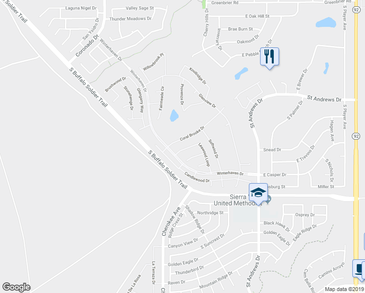 map of restaurants, bars, coffee shops, grocery stores, and more near 2567 Leawood Loop in Sierra Vista