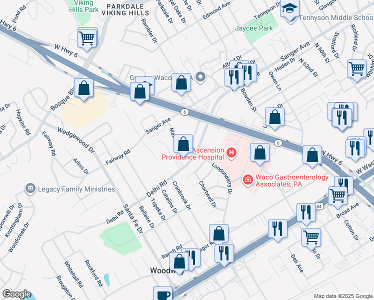 map of restaurants, bars, coffee shops, grocery stores, and more near 500 Mall Drive in Waco