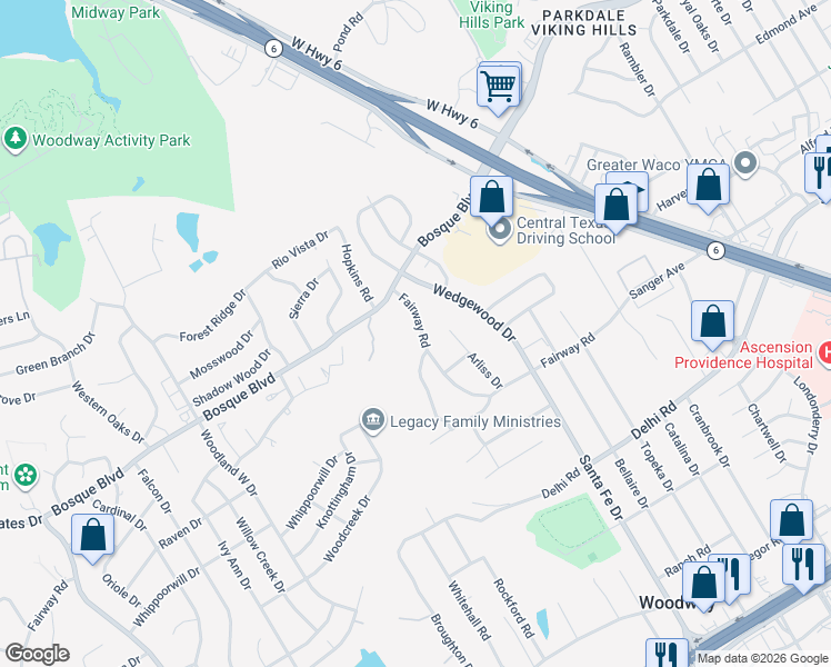 map of restaurants, bars, coffee shops, grocery stores, and more near 7844 Fairway Road in Waco