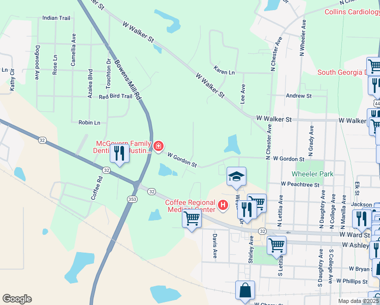 map of restaurants, bars, coffee shops, grocery stores, and more near 1315 West Gordon Street in Douglas