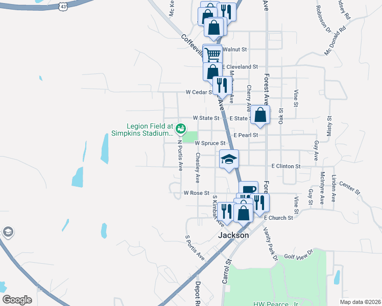map of restaurants, bars, coffee shops, grocery stores, and more near 328 North Portis Avenue in Jackson