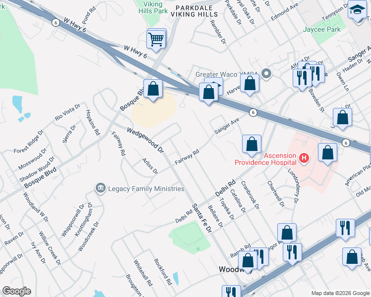 map of restaurants, bars, coffee shops, grocery stores, and more near 709 Topeka Drive in Waco
