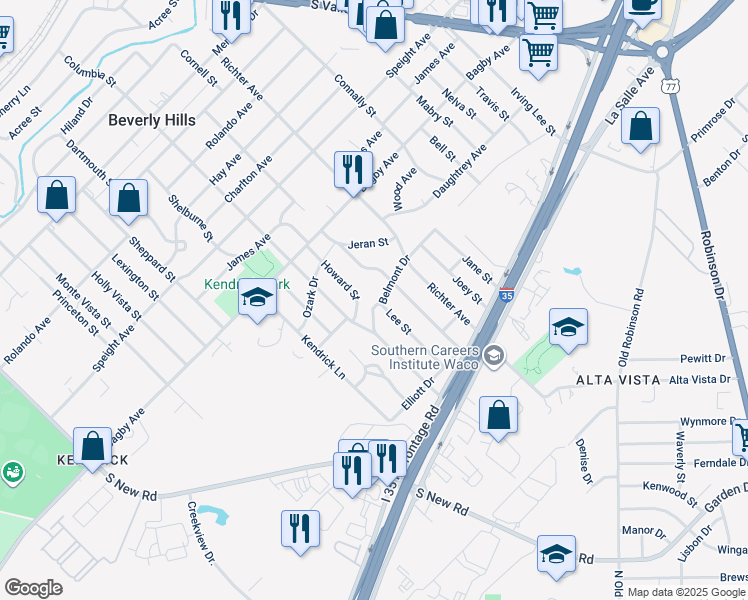 map of restaurants, bars, coffee shops, grocery stores, and more near 3825 Belmont Drive in Waco