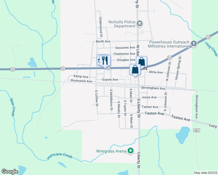 map of restaurants, bars, coffee shops, grocery stores, and more near 102 South Middleton Street in Nicholls