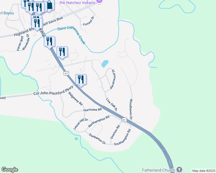 map of restaurants, bars, coffee shops, grocery stores, and more near 127-199 Live Oak Dr in Natchez