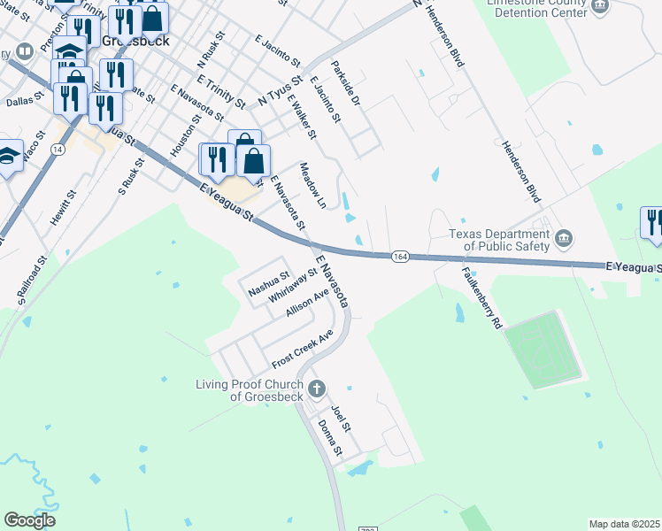 map of restaurants, bars, coffee shops, grocery stores, and more near 106 Whirlaway Street in Groesbeck