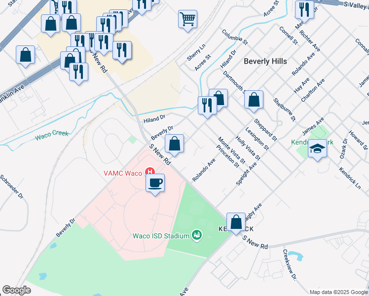 map of restaurants, bars, coffee shops, grocery stores, and more near 4606 Memorial Drive in Waco